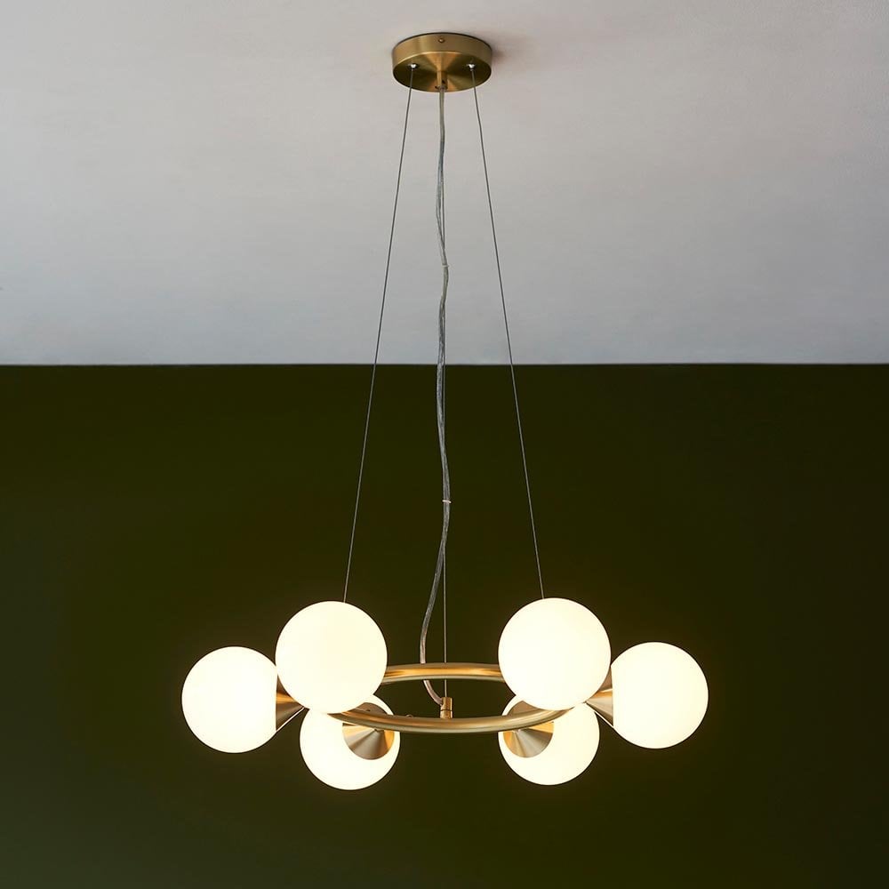Eve 6 Light Satin Brass Pendant C/W Gloss White Shades