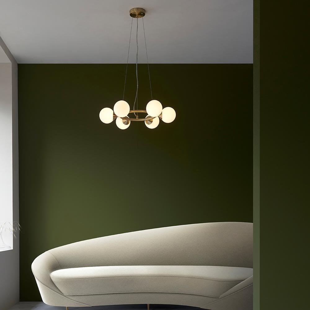 Eve 6 Light Satin Brass Pendant C/W Gloss White Shades