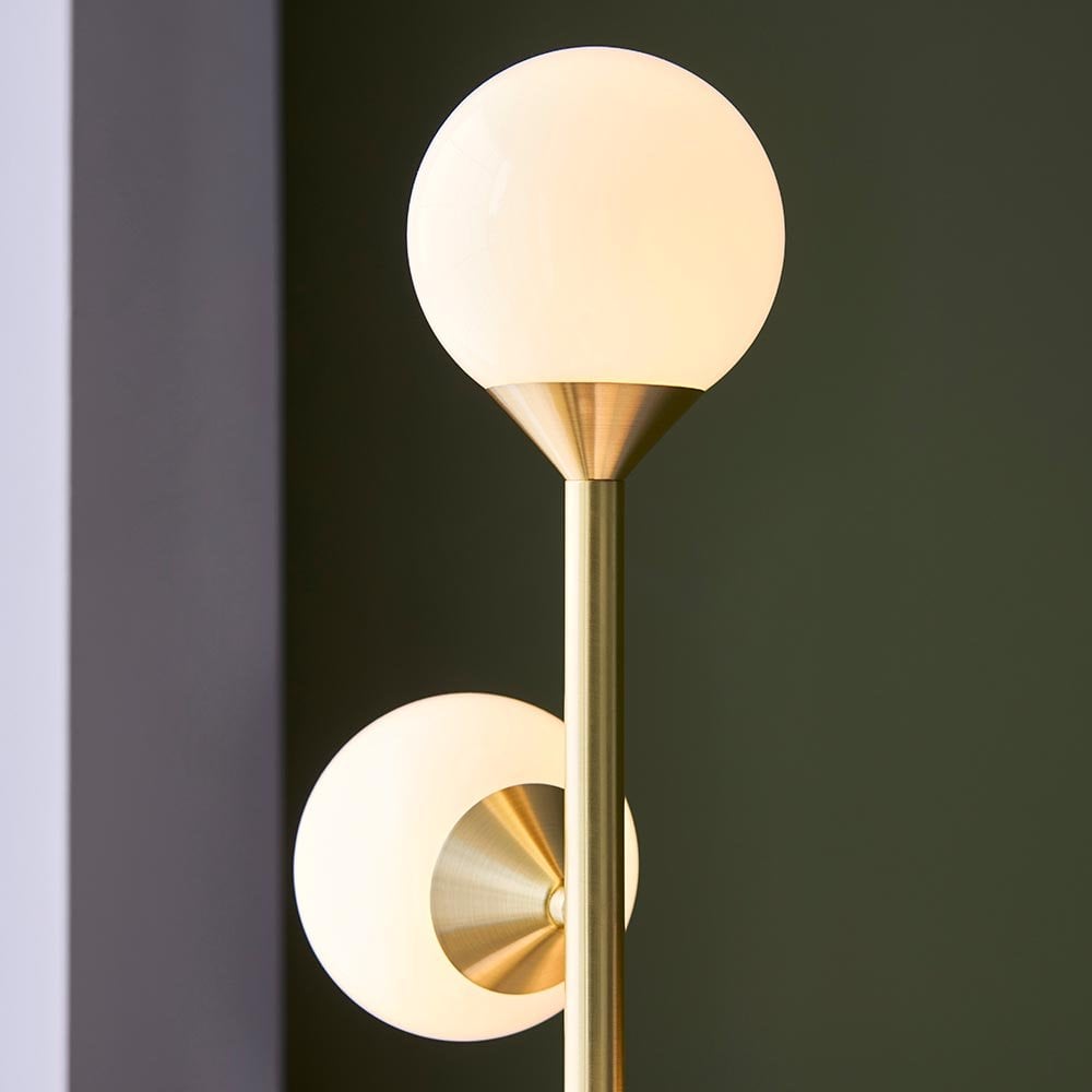 Eve Satin Brass Floor Lamp C/W Gloss White Shades
