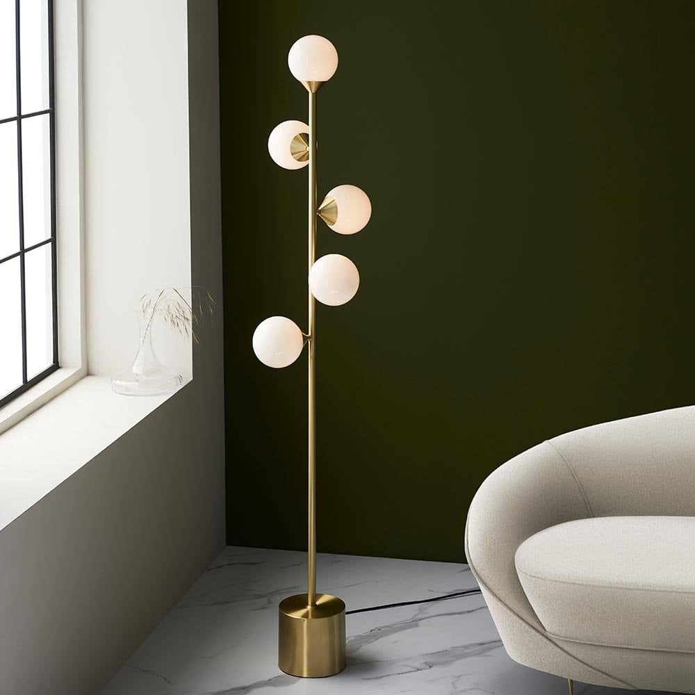 Eve Satin Brass Floor Lamp C/W Gloss White Shades