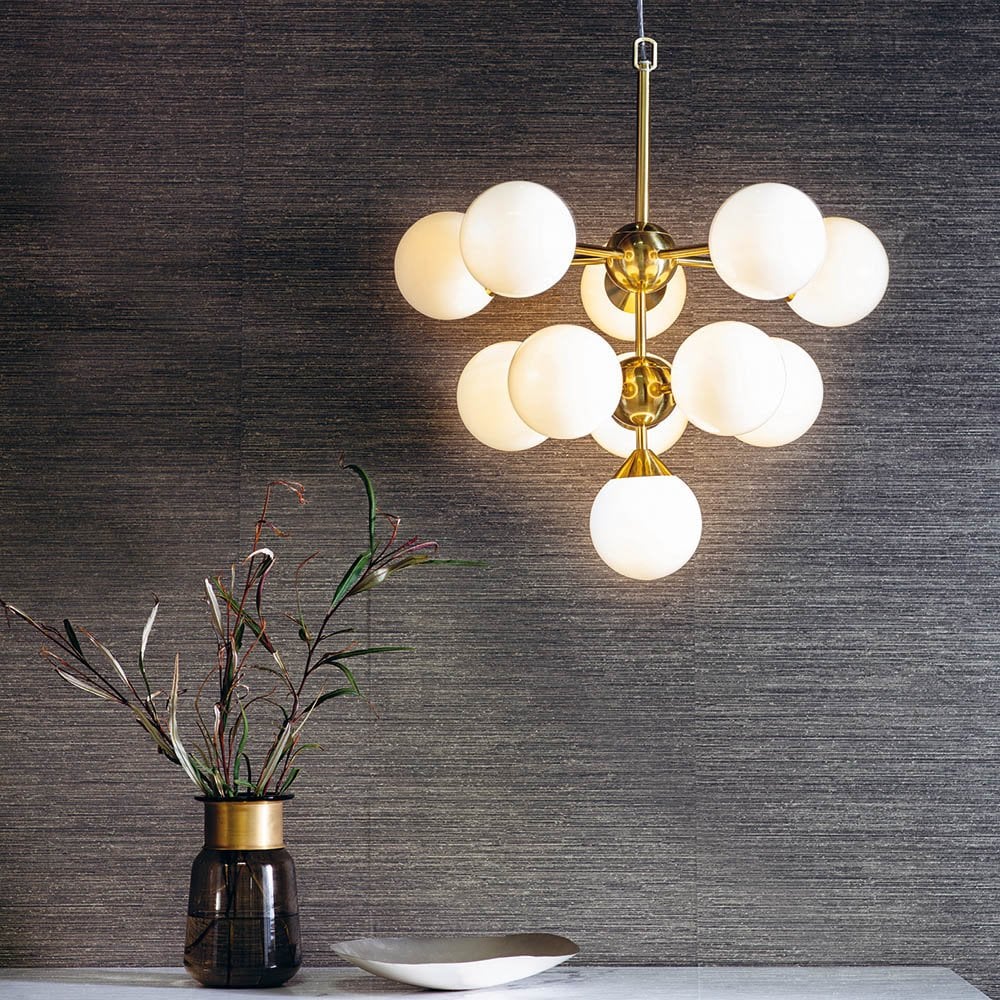 Oscar 11 Light Pendant in Brushed Brass with Gloss White Glass