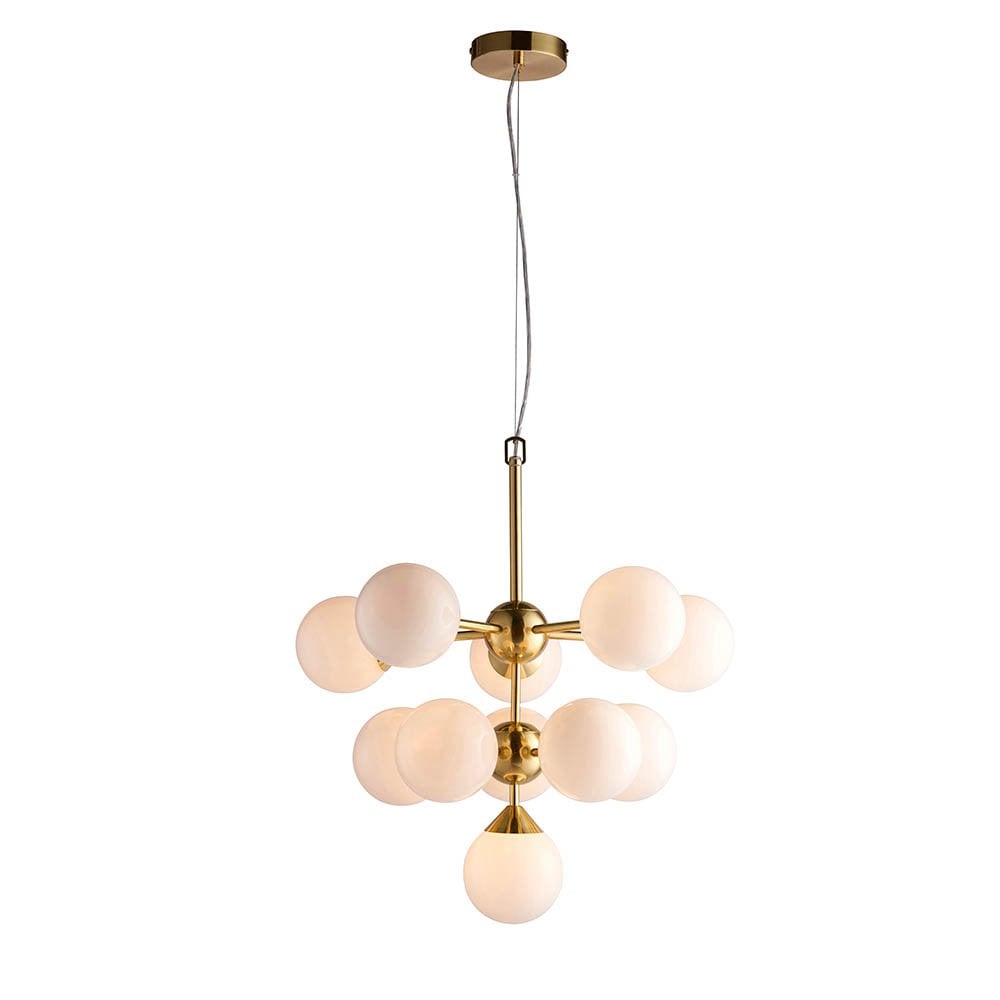 Oscar 11 Light Pendant in Brushed Brass with Gloss White Glass