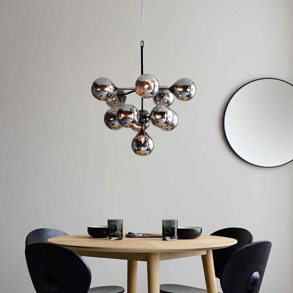 Oscar 11 Light Pendant in Black with Smoked Mirror Shades