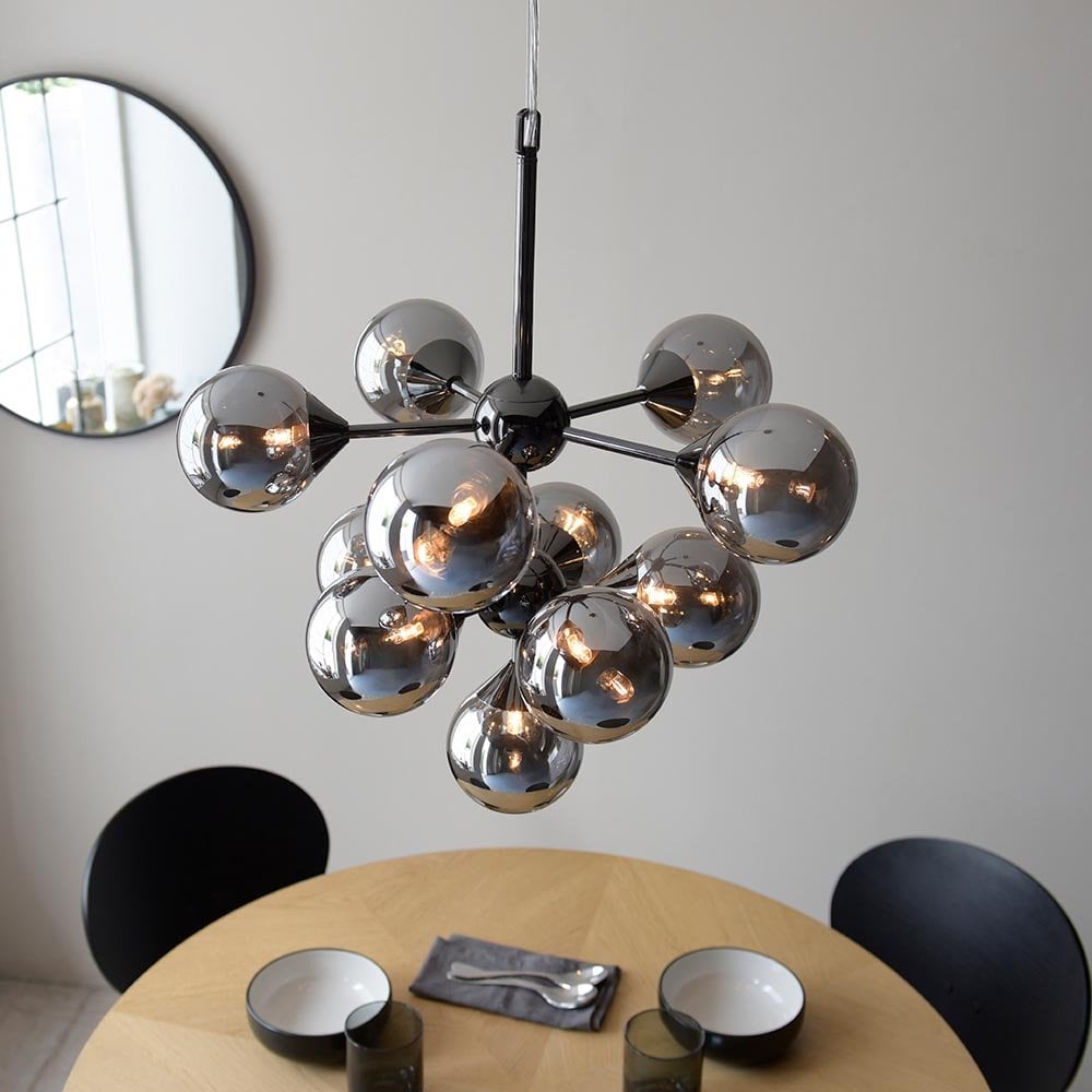 Oscar 11 Light Pendant in Black with Smoked Mirror Shades