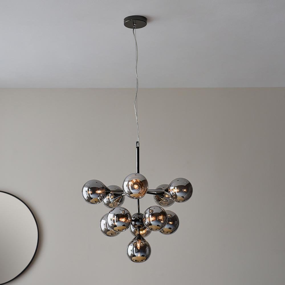 Oscar 11 Light Pendant in Black with Smoked Mirror Shades