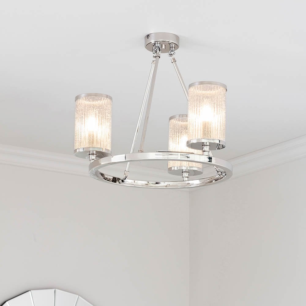 Easton 3 Light Semi-Flush in Nickel with Ribbed Glass
