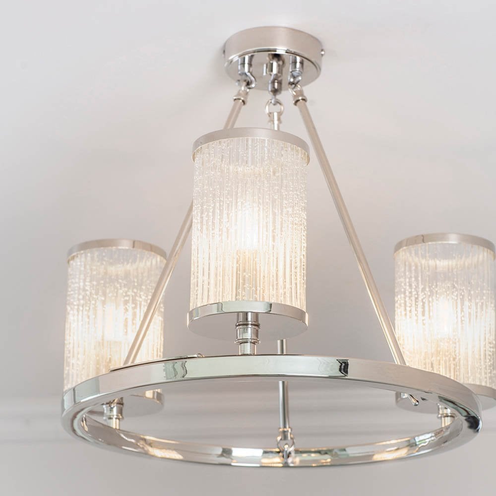 Easton 3 Light Semi-Flush in Nickel with Ribbed Glass