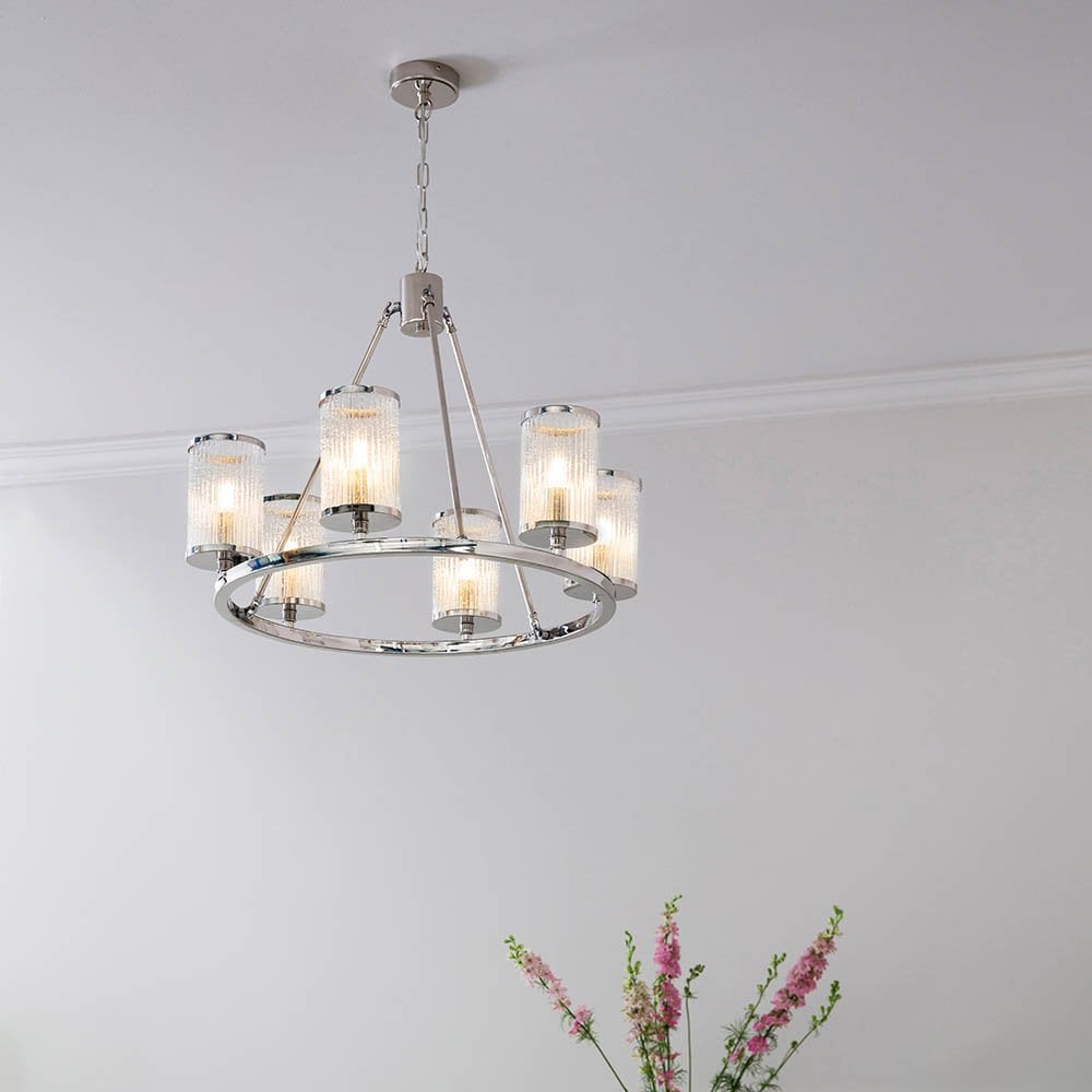 Easton 6 Light Pendant in Nickel with Ribbed Glass