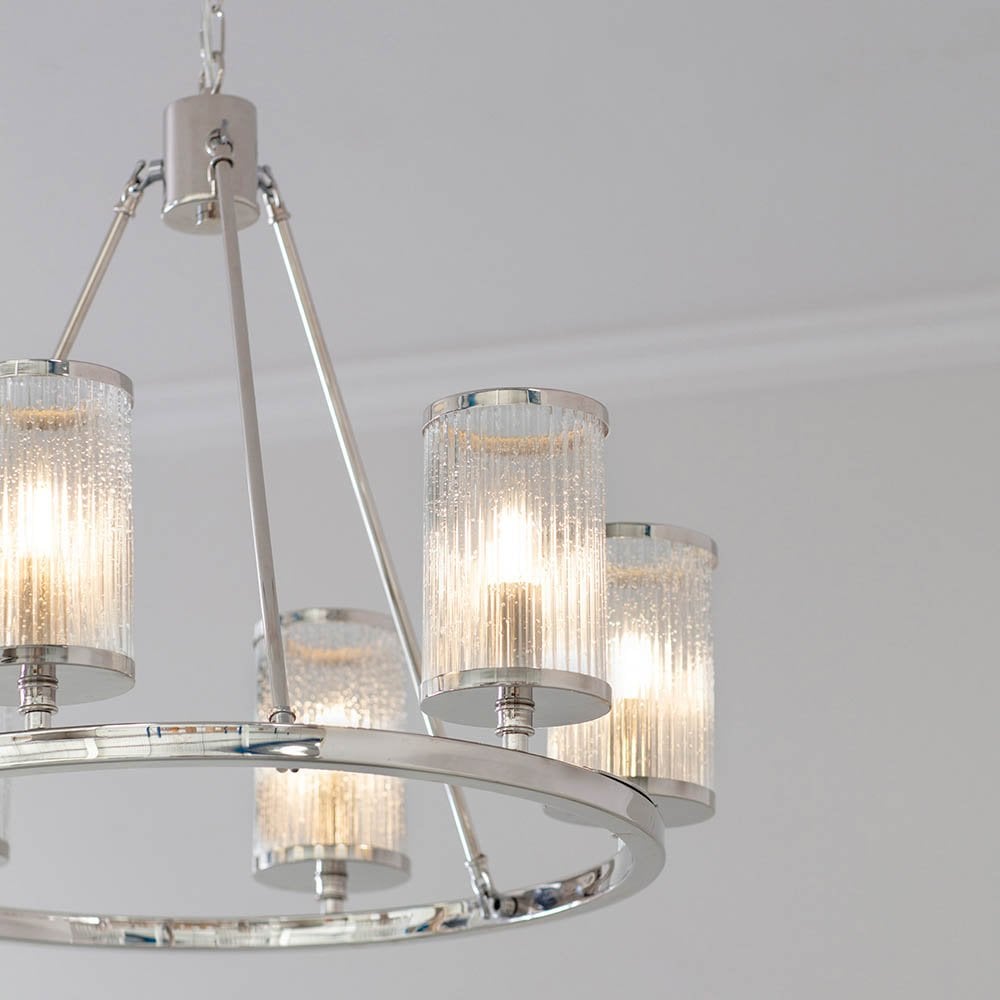 Easton 6 Light Pendant in Nickel with Ribbed Glass