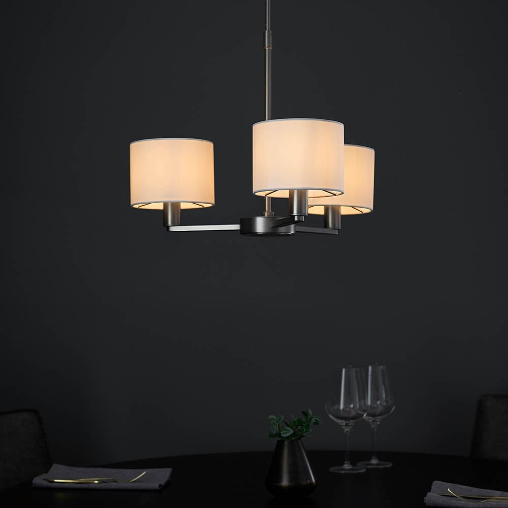Daley 3 Light Multi Lighti Arm Pendant in Nickel C/W White Shades