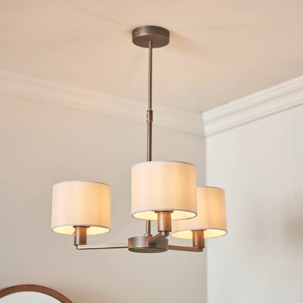 Daley 3 Light Multi Lighti Arm Pendant in Antique Bronze C/W White Shades