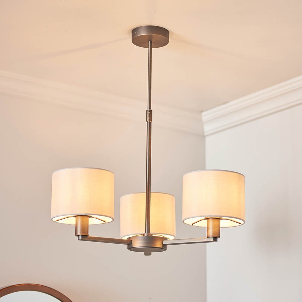 Daley 3 Light Multi Lighti Arm Pendant in Antique Bronze C/W White Shades