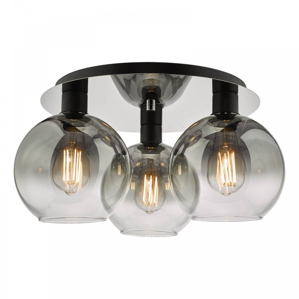 Lycia 3 Light Black Flush Light with Smoked Glass