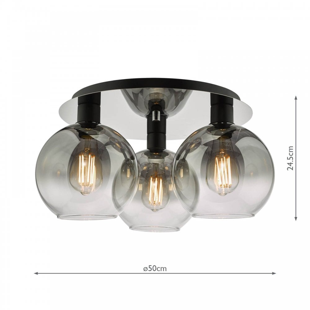 Lycia 3 Light Black Flush Light with Smoked Glass