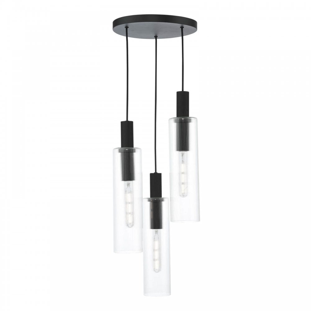 Ruben 3 Light Cluster in Satin Black & Ribbed Glass Pendant