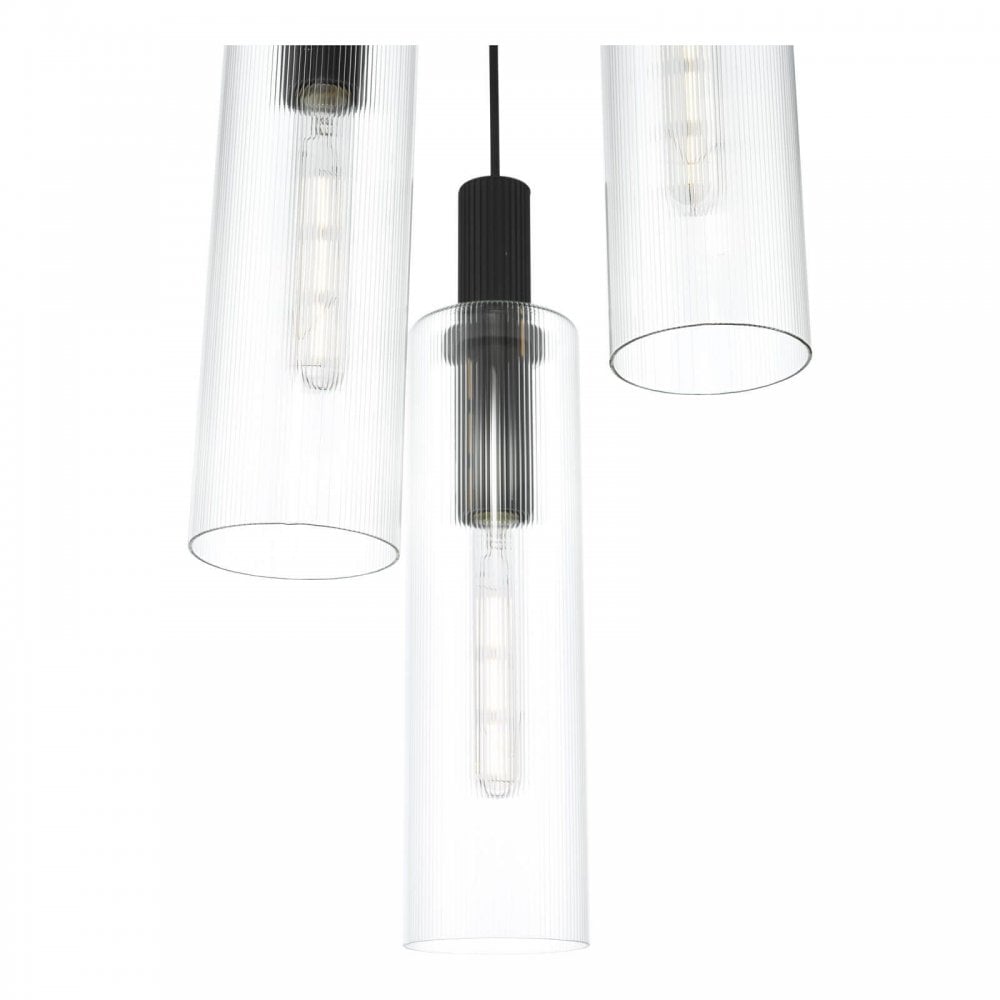 Ruben 3 Light Cluster in Satin Black & Ribbed Glass Pendant