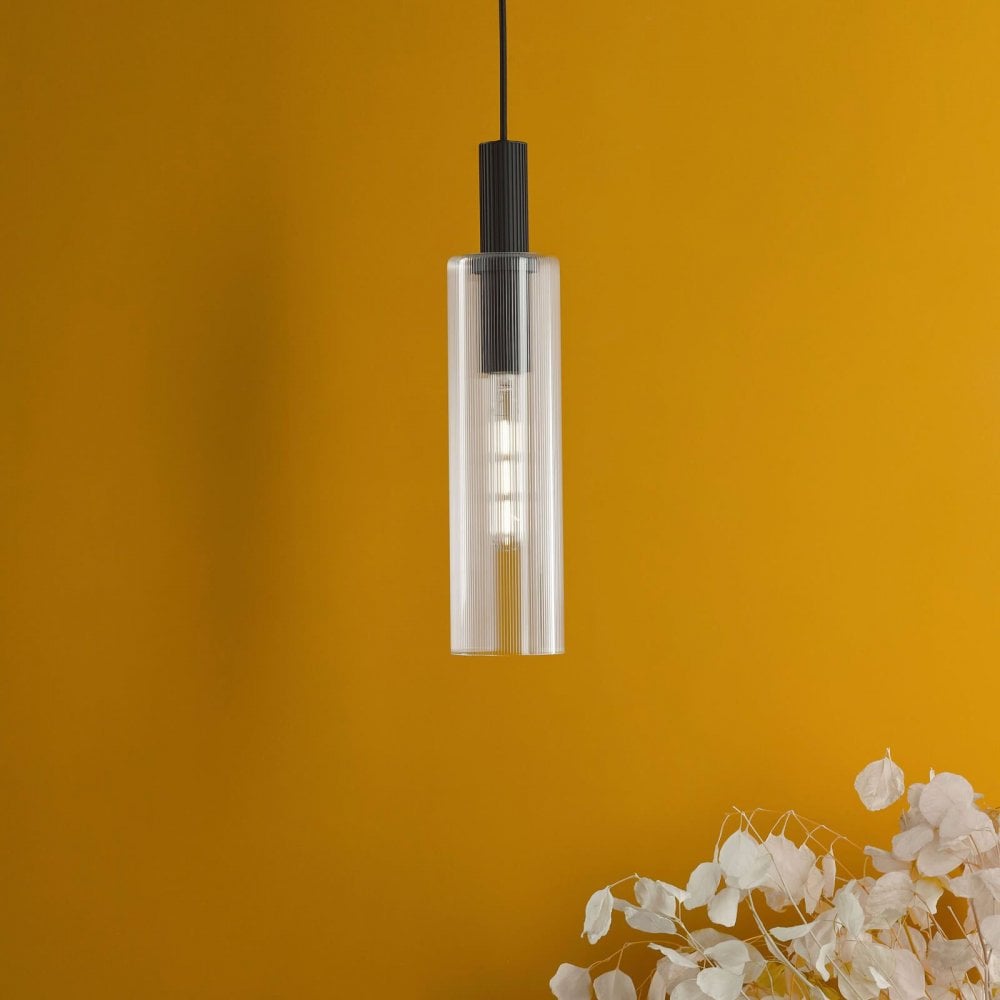 Ruben Satin Black & Ribbed Glass Pendant