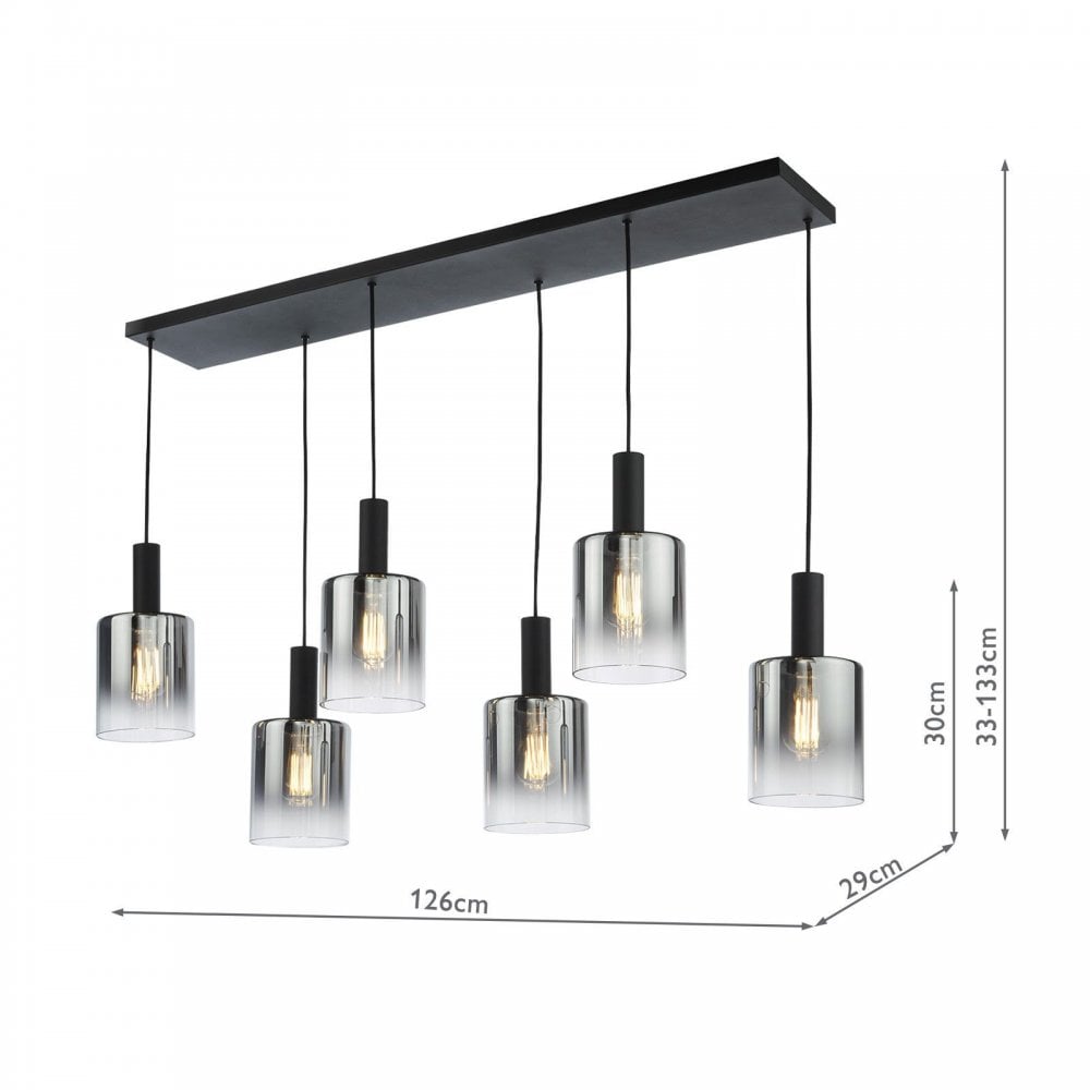 Savannah 6 Light Bar Pendant in Matt Black & Smoked Glass Finish