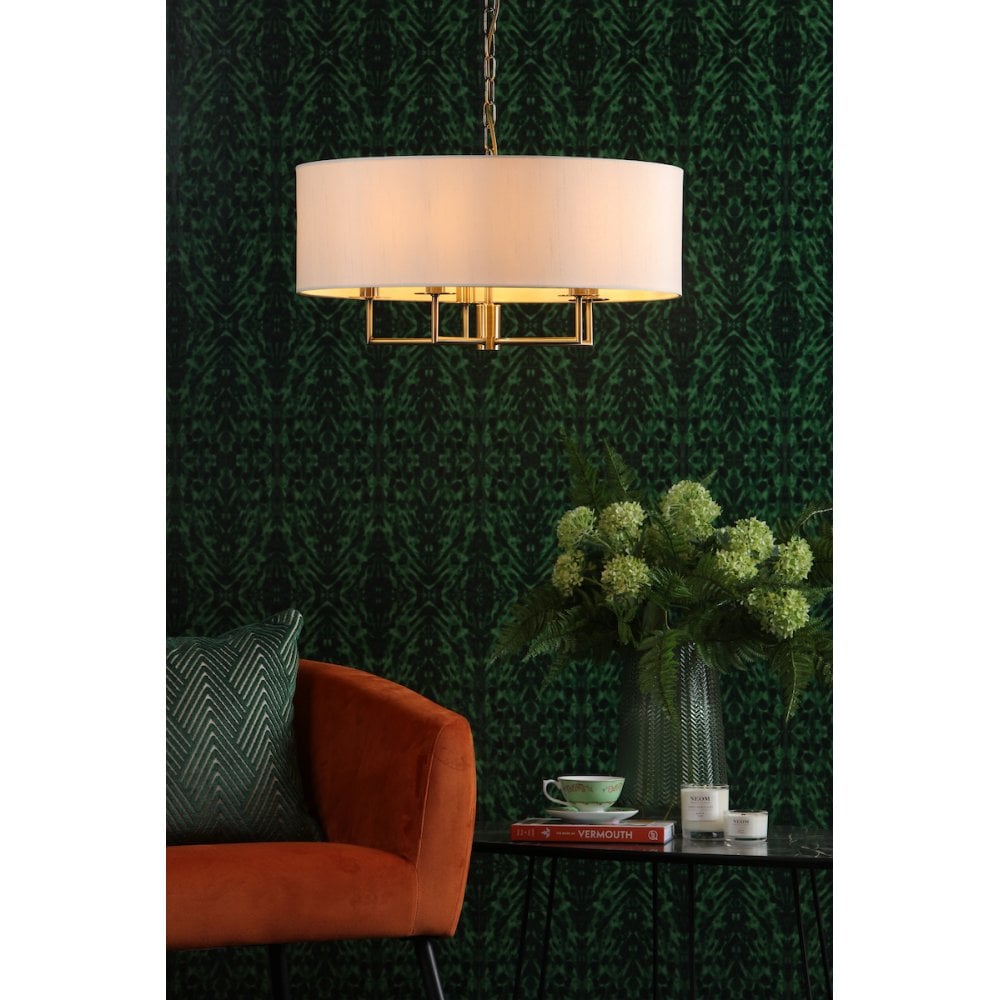 Jamelia Antique Brass 5 Light Pendant C/W Taupe Shade