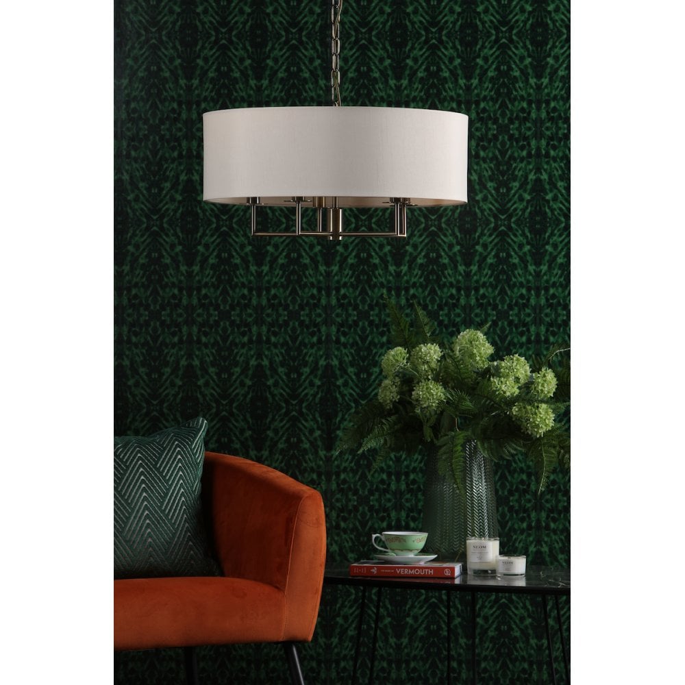 Jamelia Antique Brass 5 Light Pendant C/W Taupe Shade