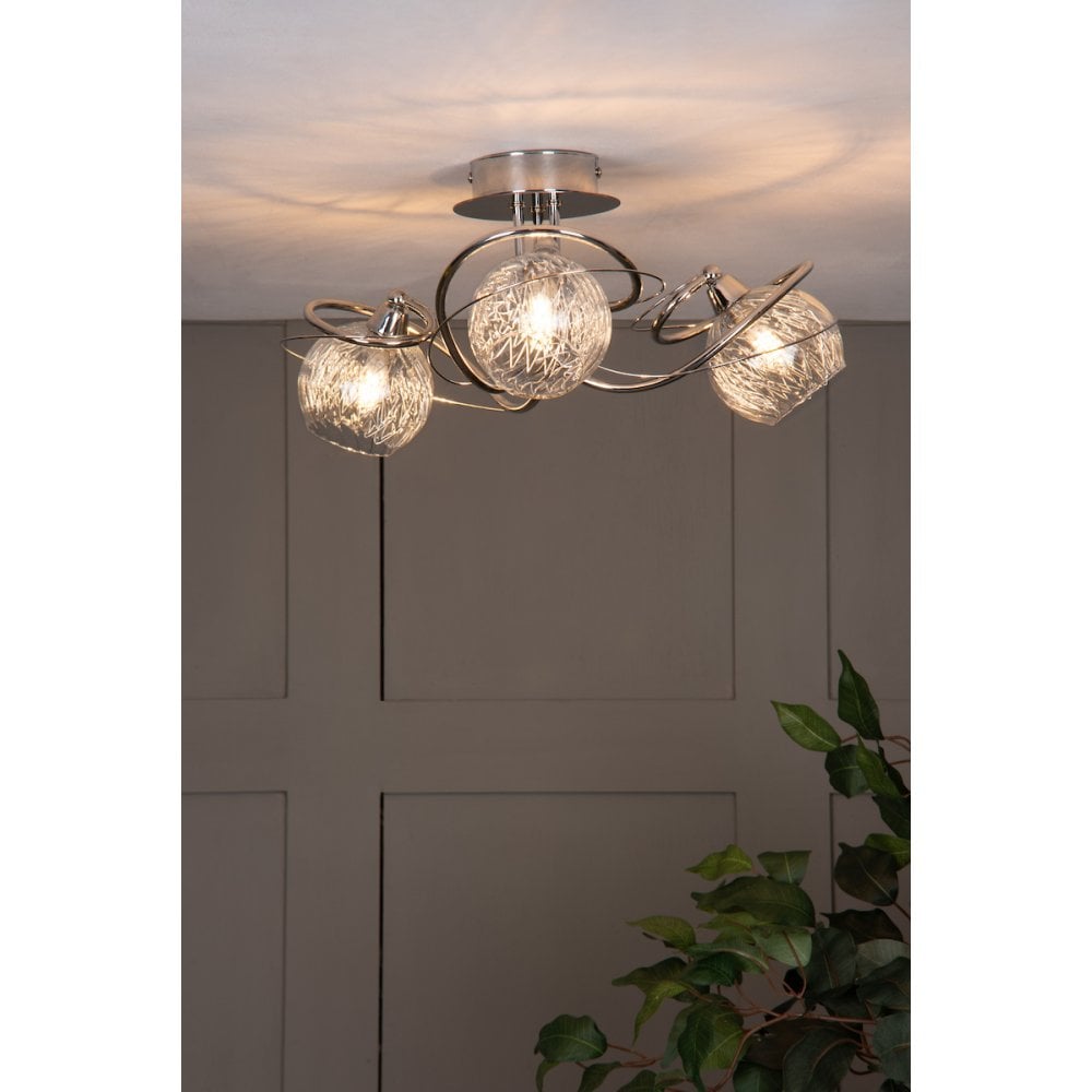 Rehan 3 Light Semi Flush in Polished Chrome & Decorative Glass