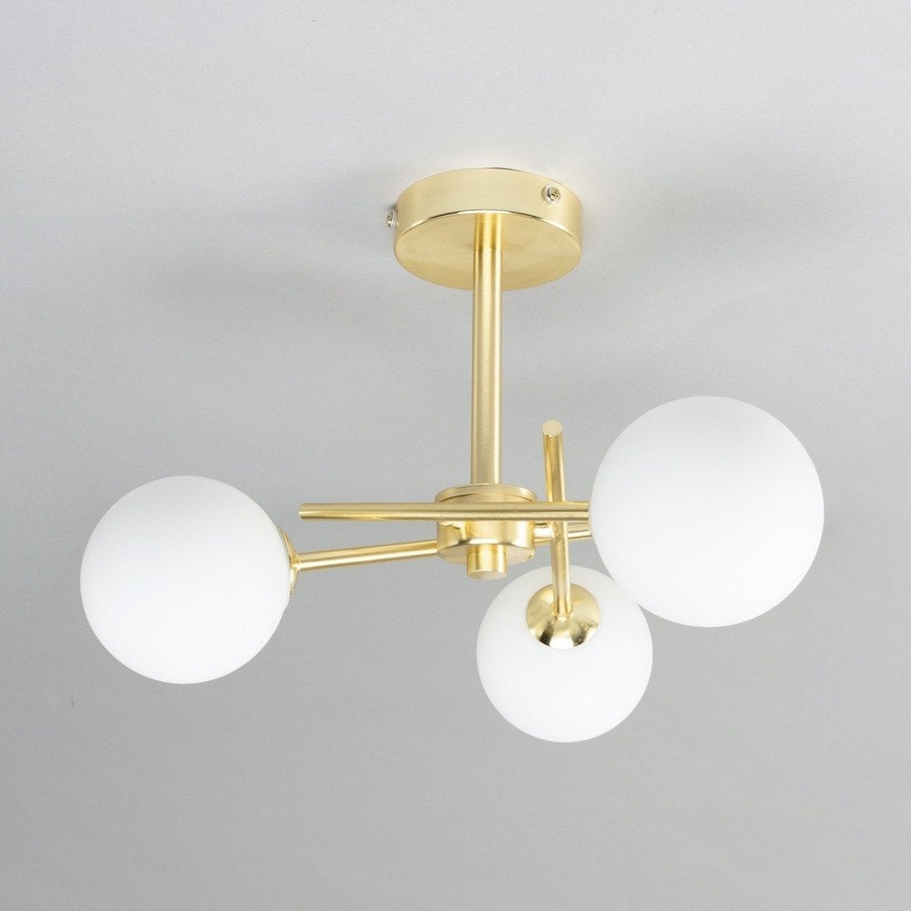 Lindos 3 Light Semi Flush in Satin Brass with Opal Glass Shade IP44