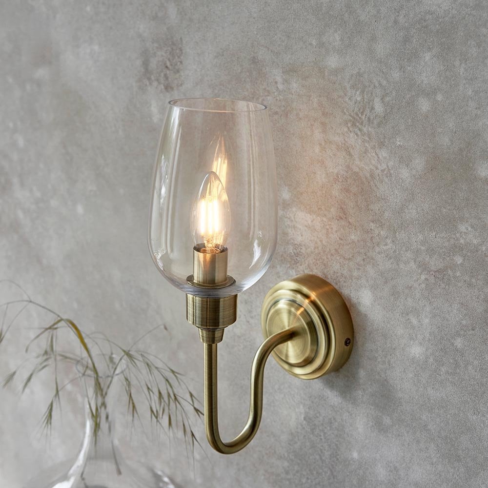 Pure Wall Light in Antique Brass and Clear Glass