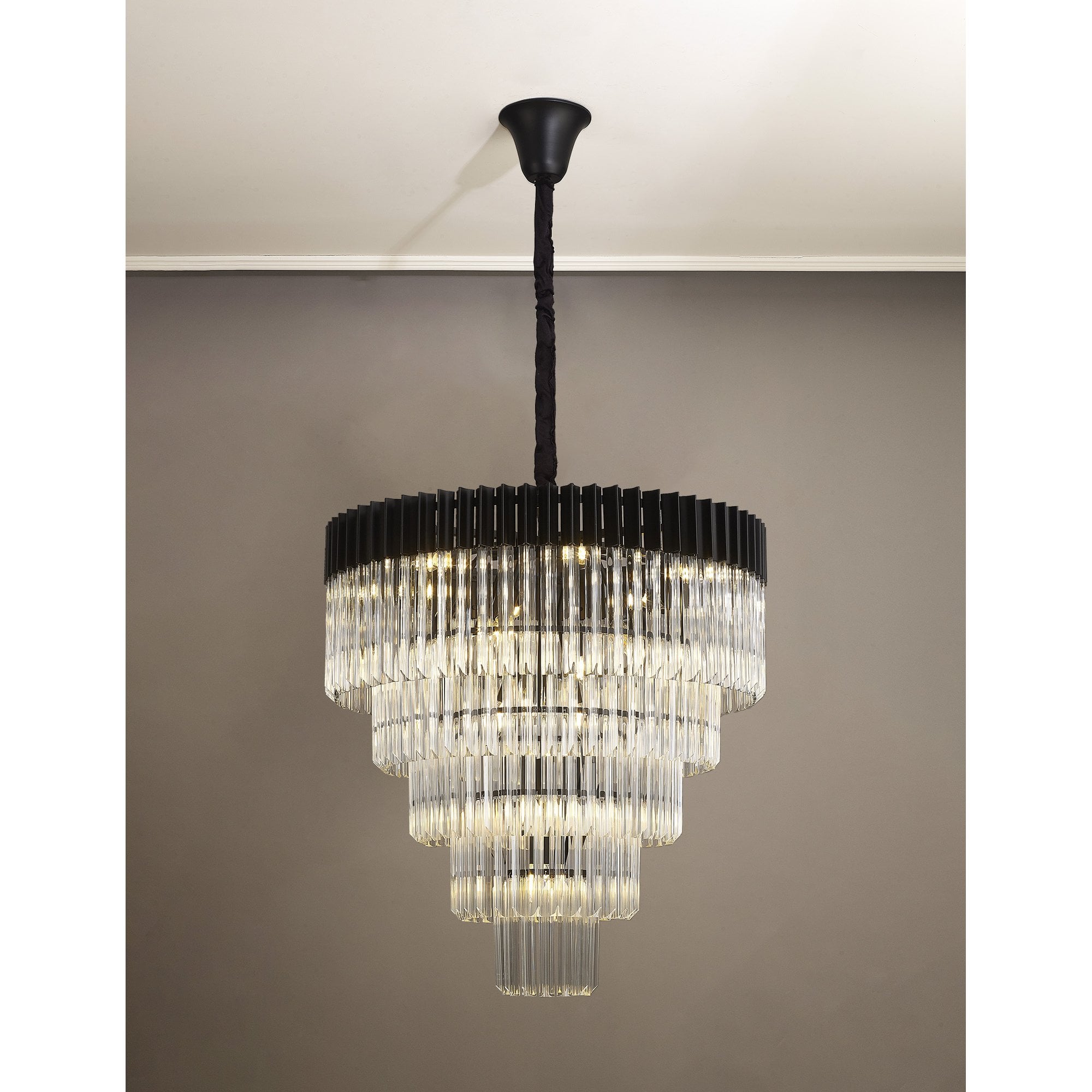 Donard Matt Black 19 Light Tiered Chandelier with Clear Glass