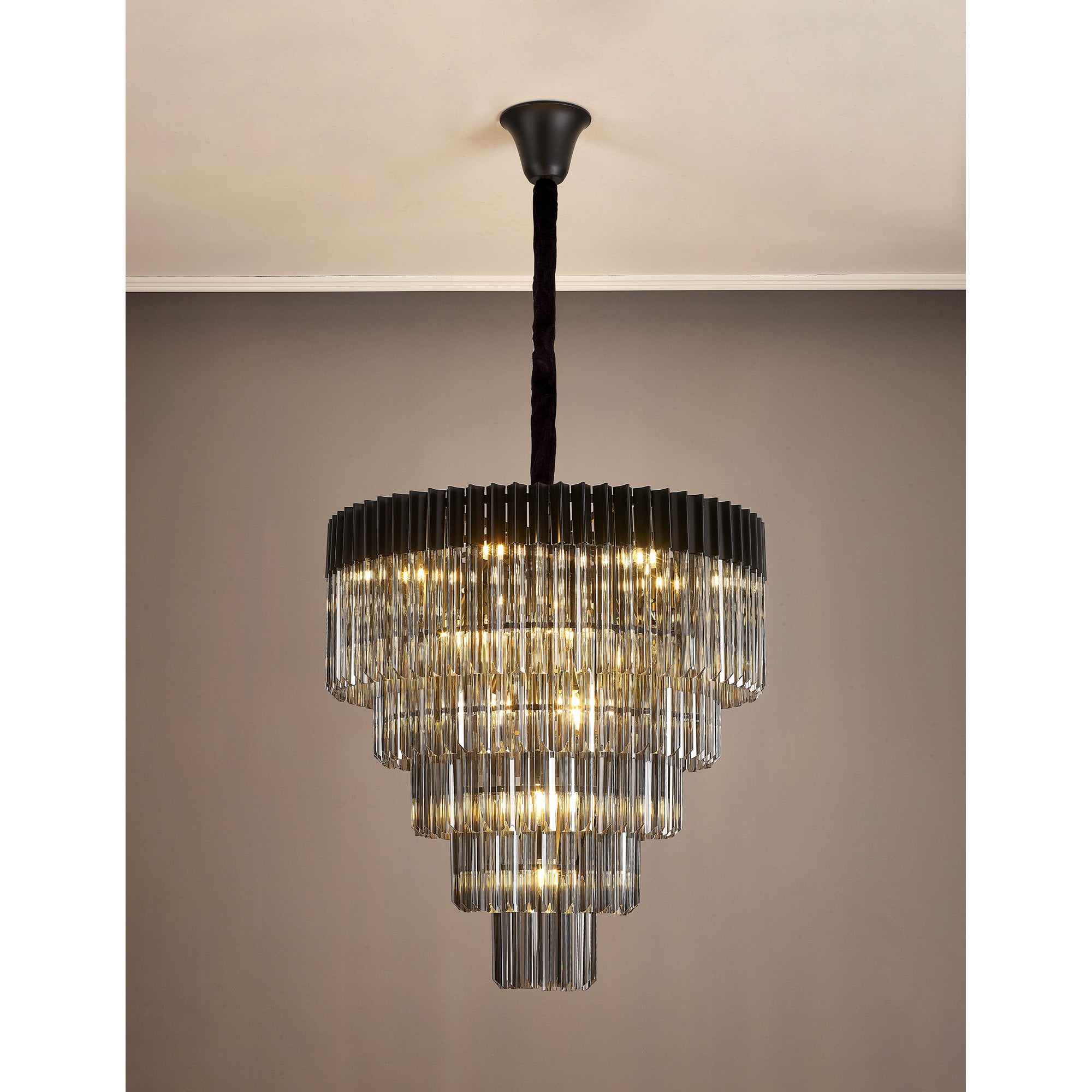 Donard Matt Black 19 Light Tiered Chandelier with Smoked Glass