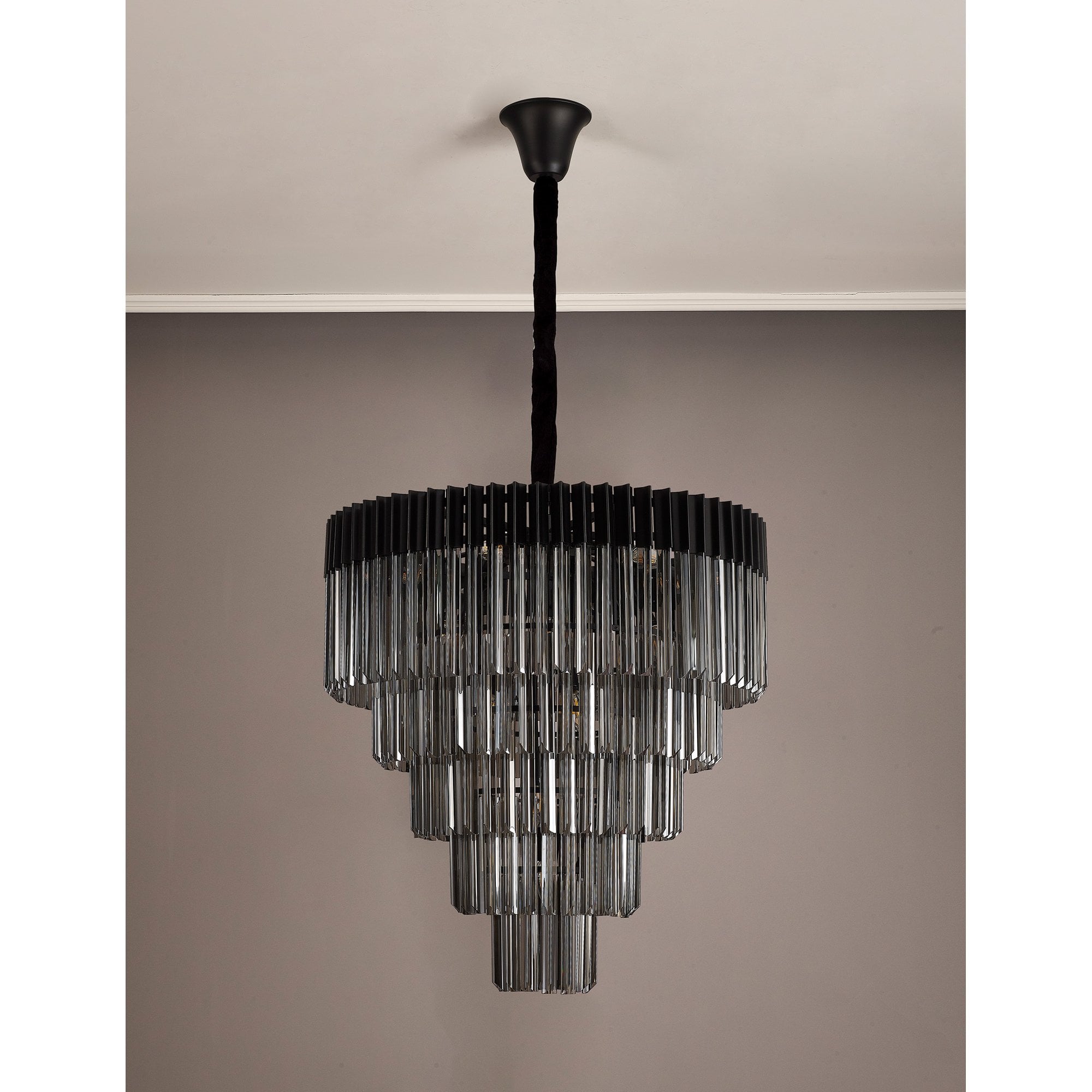 Donard Matt Black 19 Light Tiered Chandelier with Smoked Glass