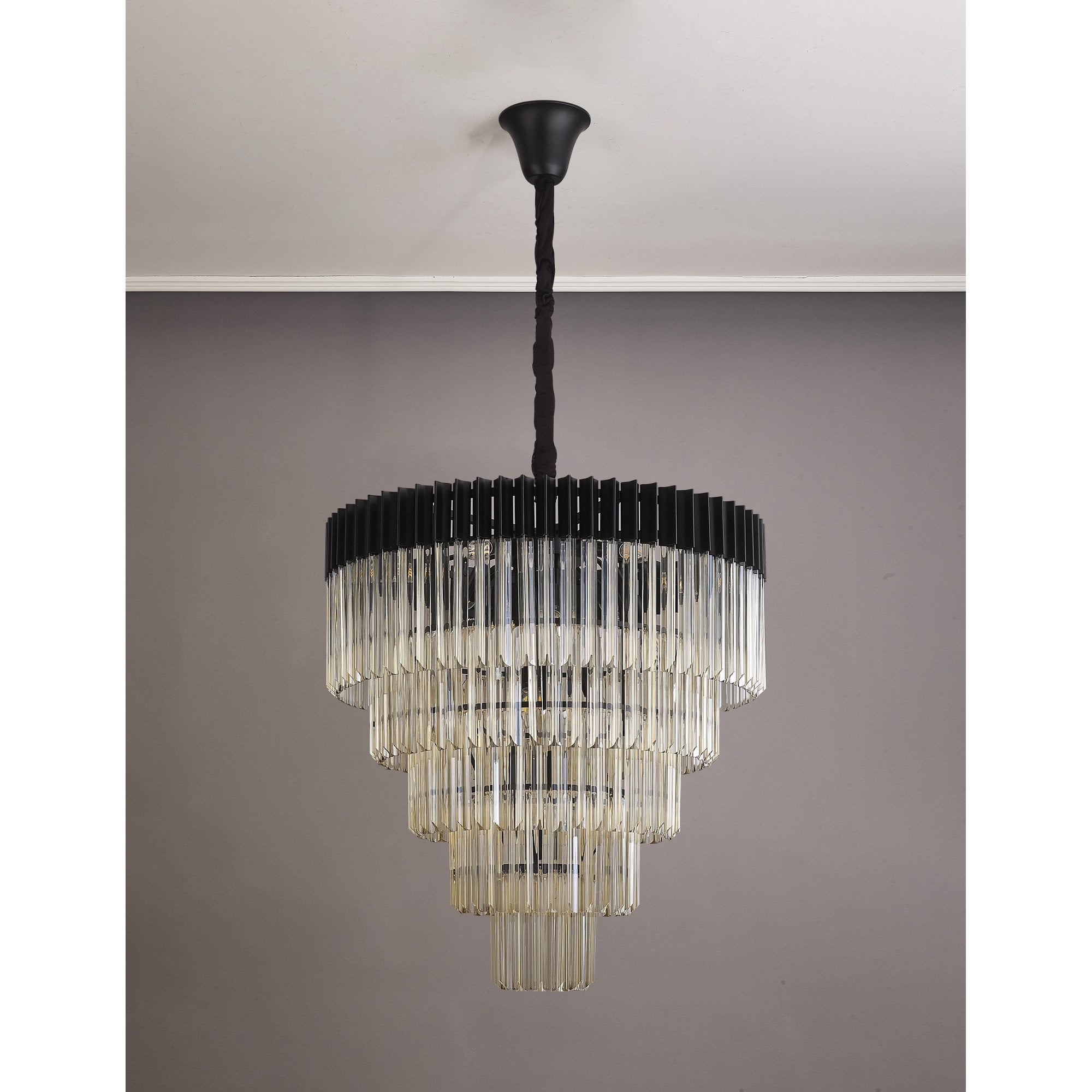 Donard Matt Black 19 Light Tiered Chandelier with Cognac Glass