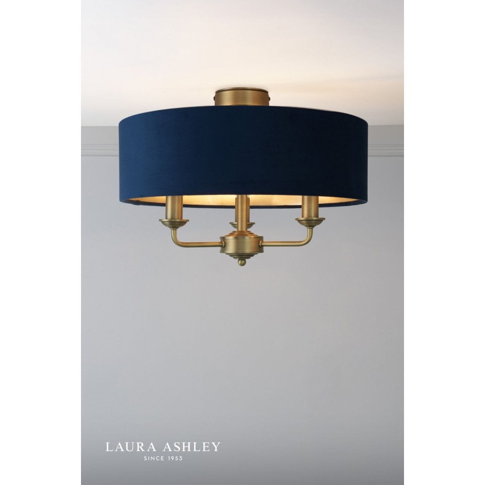 Sorrento Antique Brass Semi Flush Light C/W Blue Shade