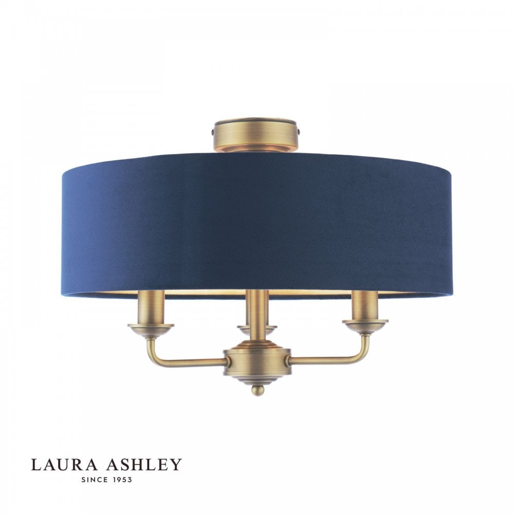 Sorrento Antique Brass Semi Flush Light C/W Blue Shade