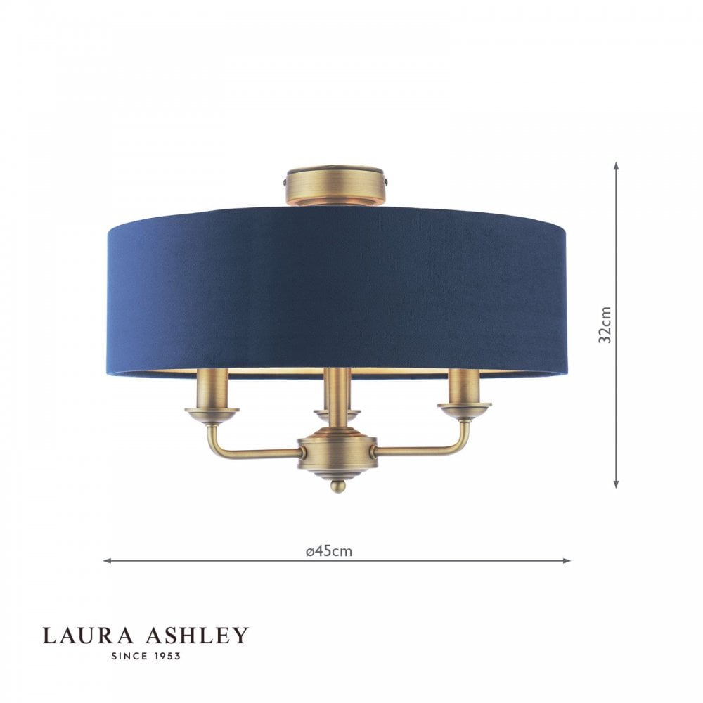 Sorrento Antique Brass Semi Flush Light C/W Blue Shade