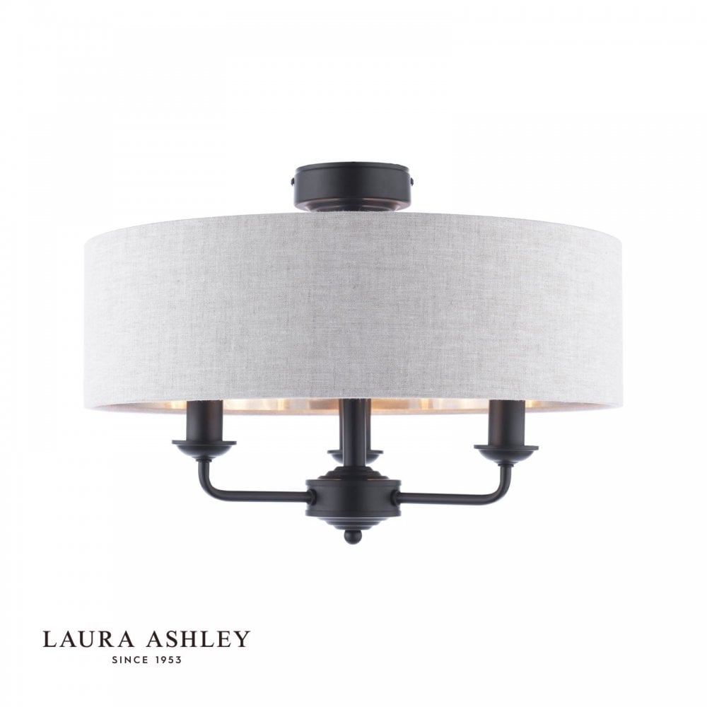 Sorrento Matt Black Semi Flush C/W Natural Shade