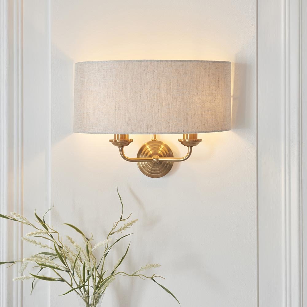 Highclere Double Wall Light in Brass C/W Natural Shade