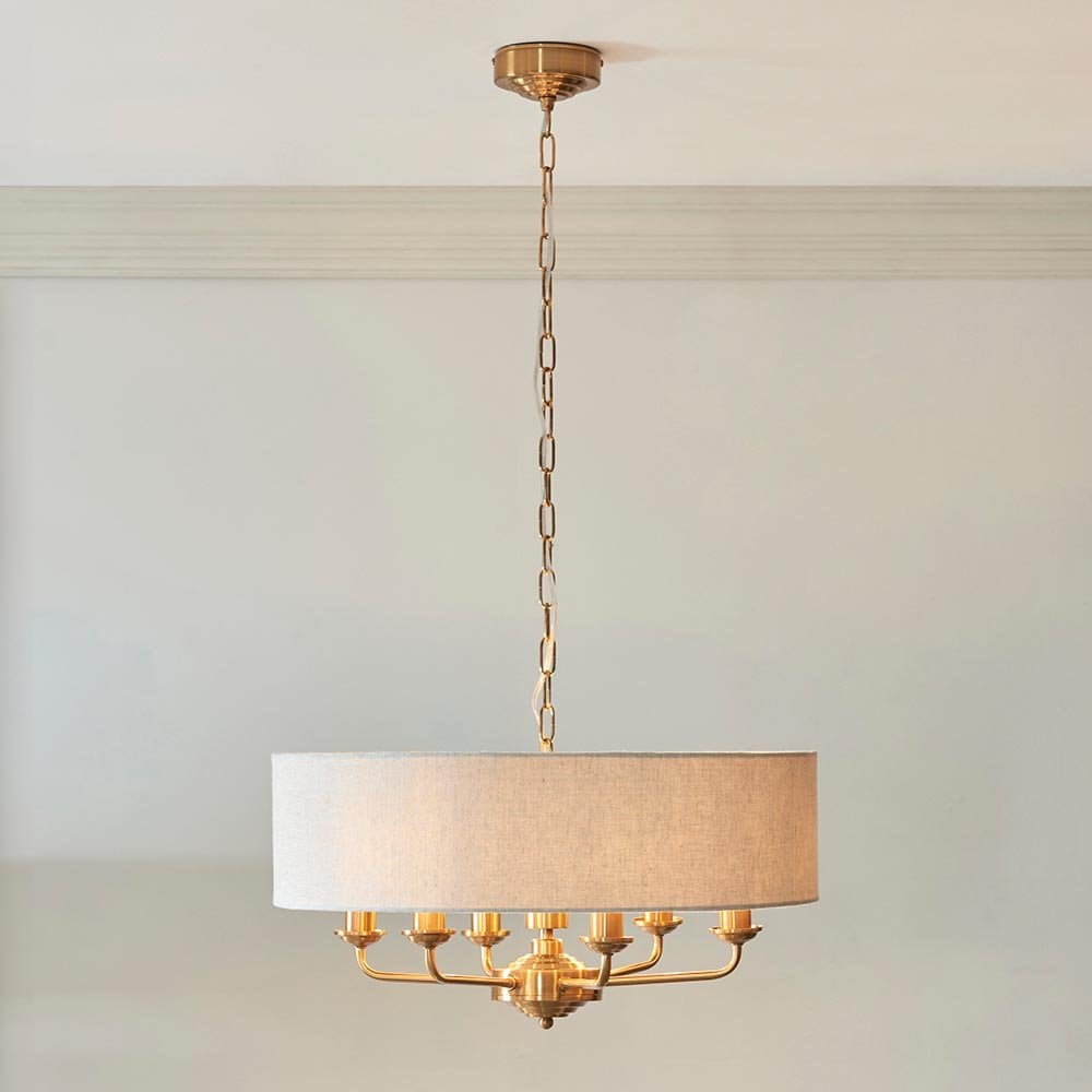 Highclere 6 Light Drum Pendant in Brass C/W Natural Shade