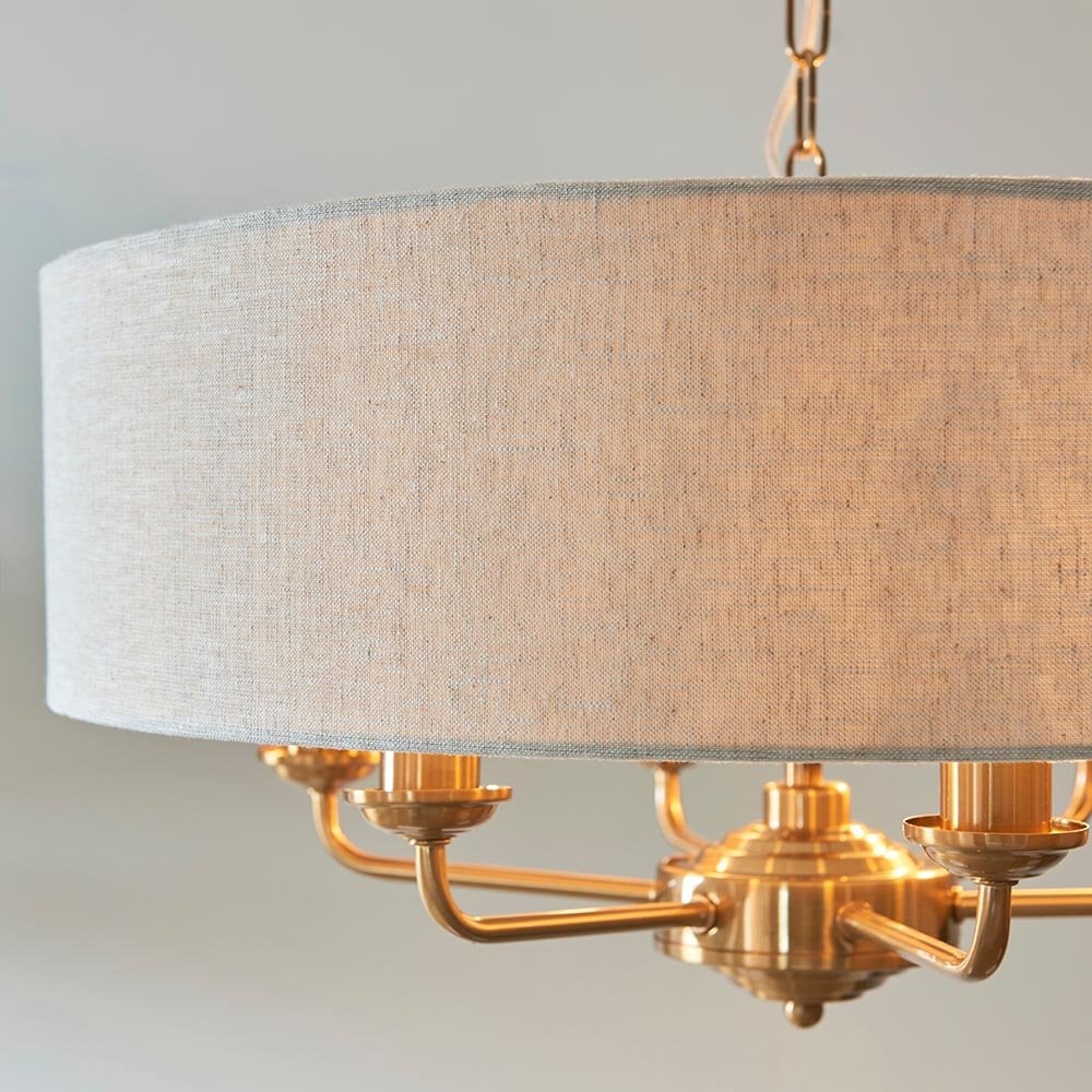Highclere 6 Light Drum Pendant in Brass C/W Natural Shade