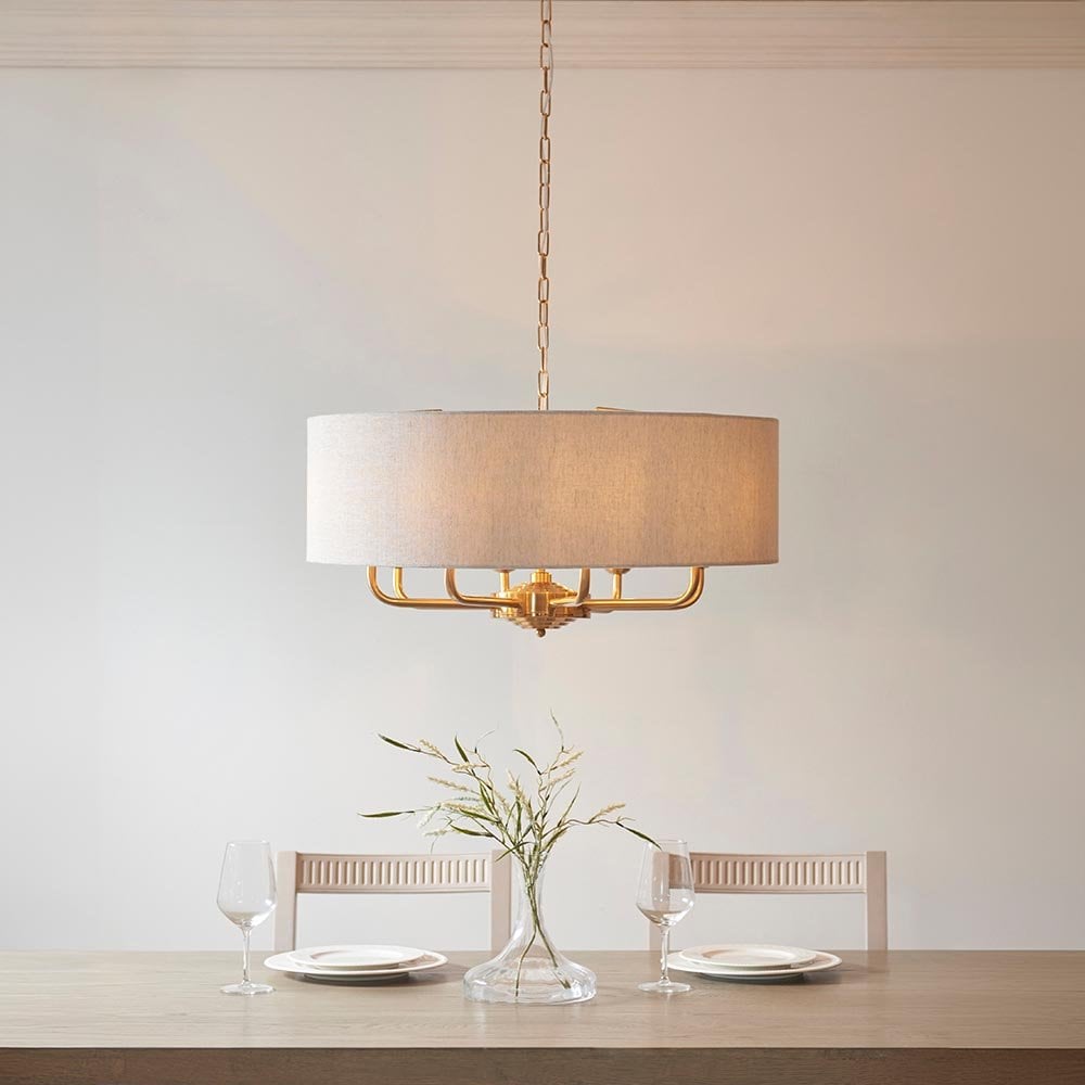 Highclere 8 Light Drum Pendant Brass C/W Natural Shade