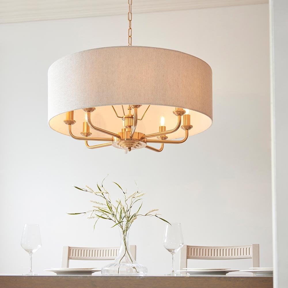 Highclere 8 Light Drum Pendant Brass C/W Natural Shade