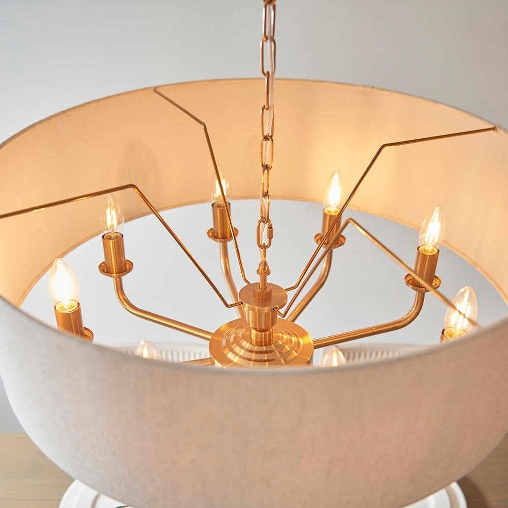 Highclere 8 Light Drum Pendant Brass C/W Natural Shade