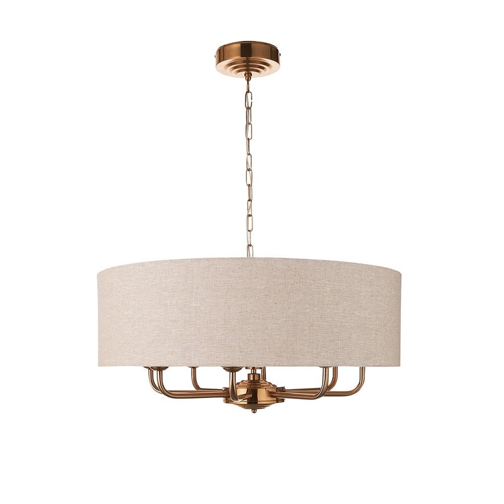 Highclere 8 Light Drum Pendant Brass C/W Natural Shade