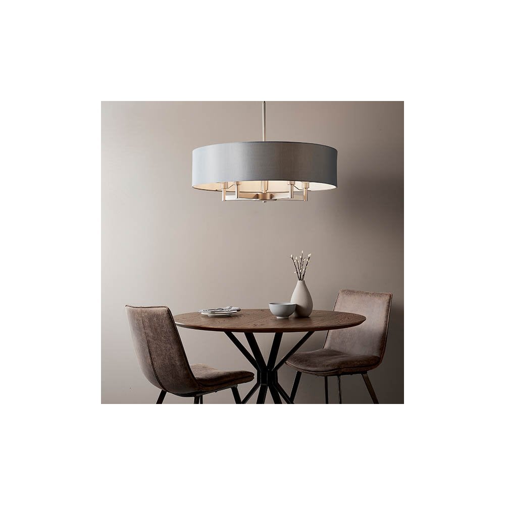 Grande 5 Light Nickel Pendant C/W Grey Drum Shade