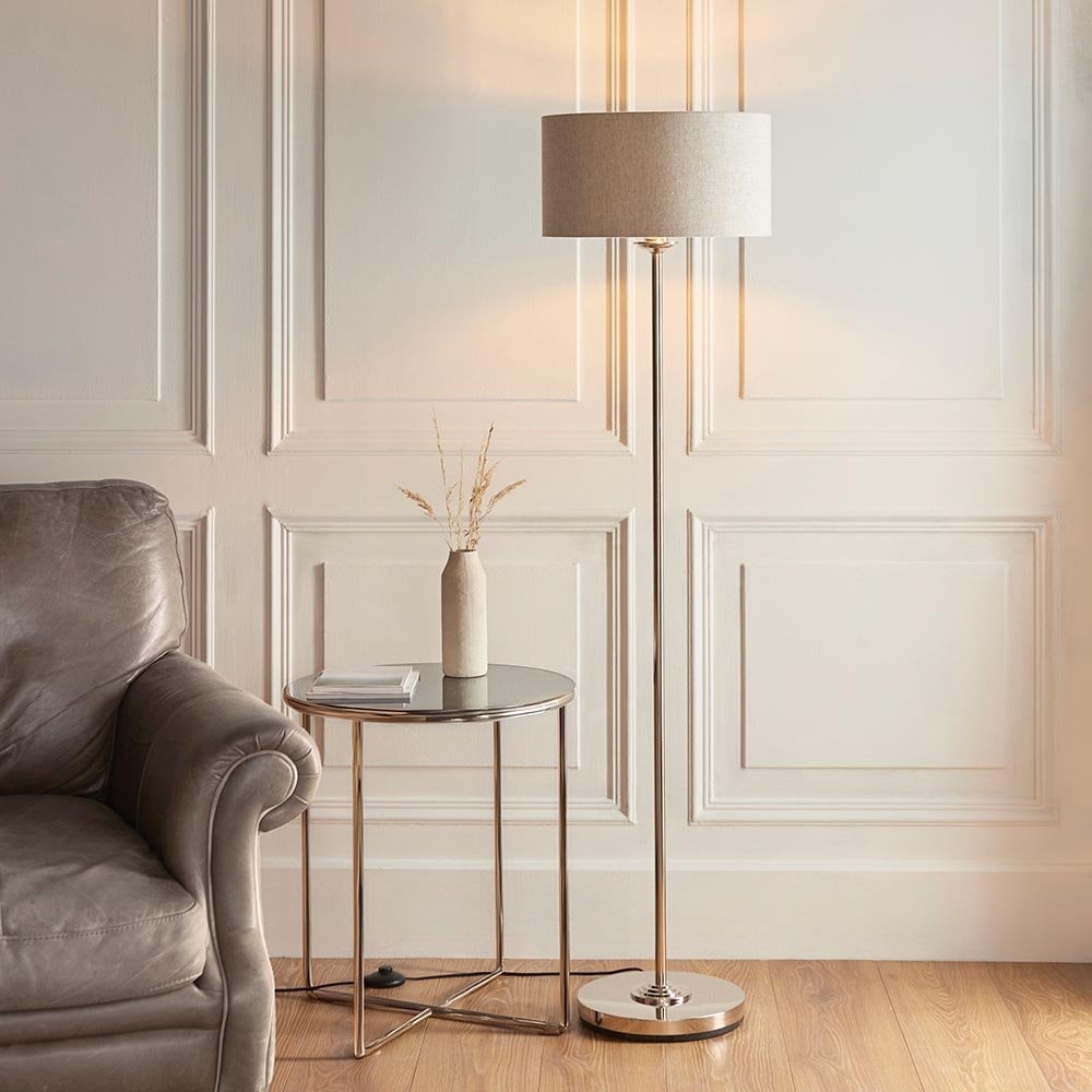 Highclere Single Floor Lamp in Brushed Chrome with Natural Shade