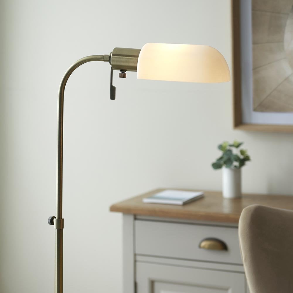 Pharmacy Antique Brass Floor Lamp with Opal Shade