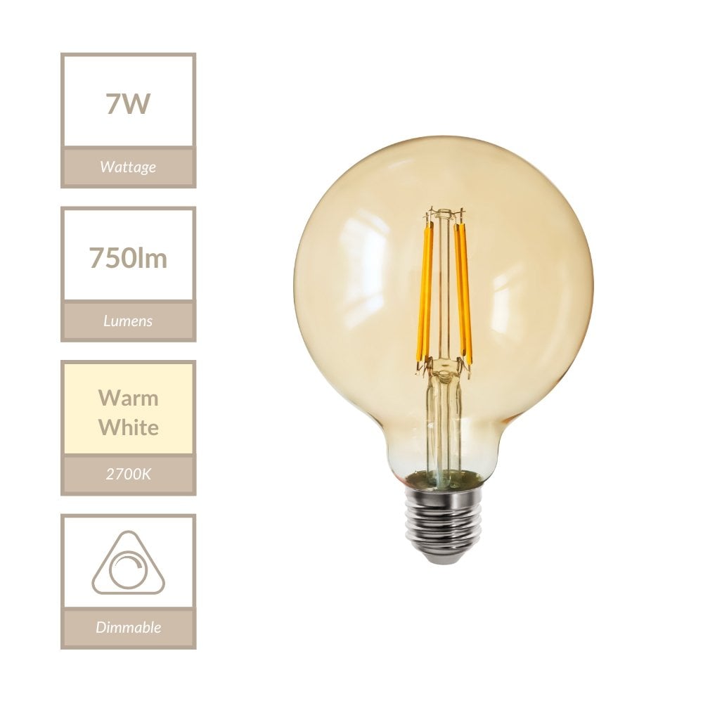 7W E27 Amber Glass Dimmable 95mm Globe