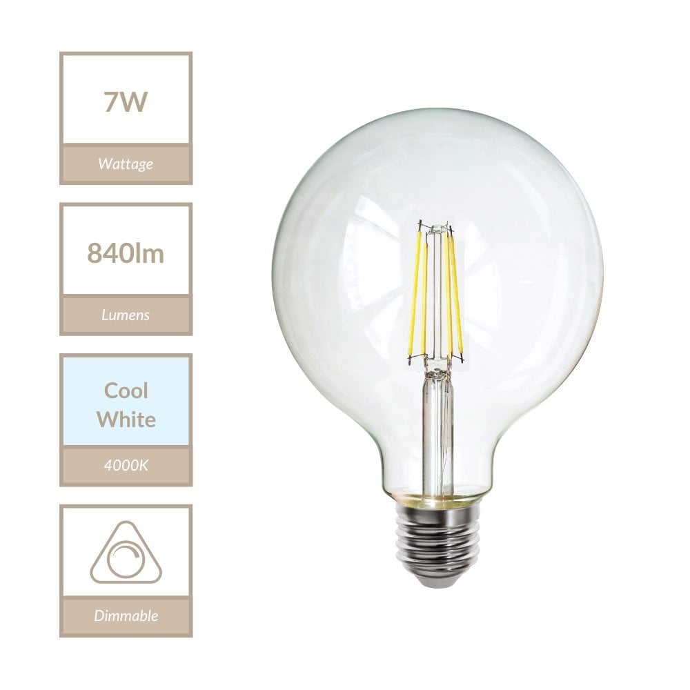 7W E27 Dimmable 125mm Clear Globe in Cool White