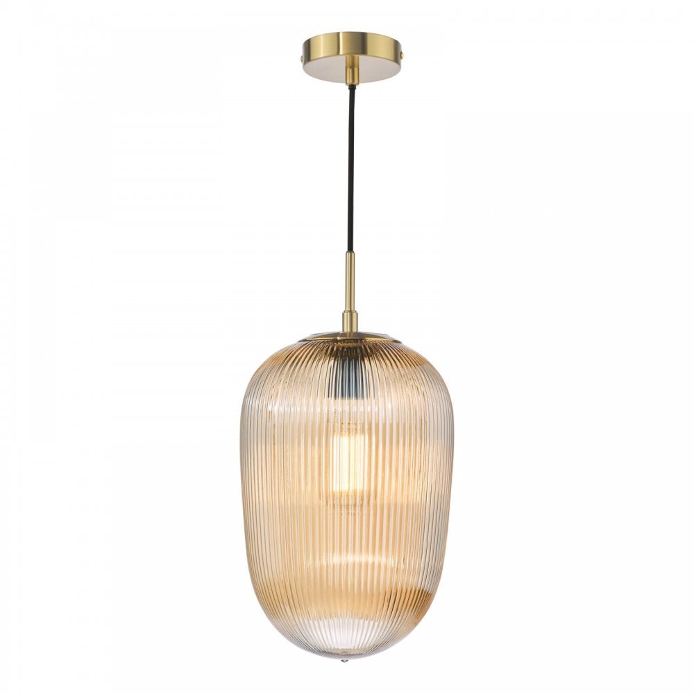 Abrielle Single Pendant in Bronze C/W Amber Ribbed Glass