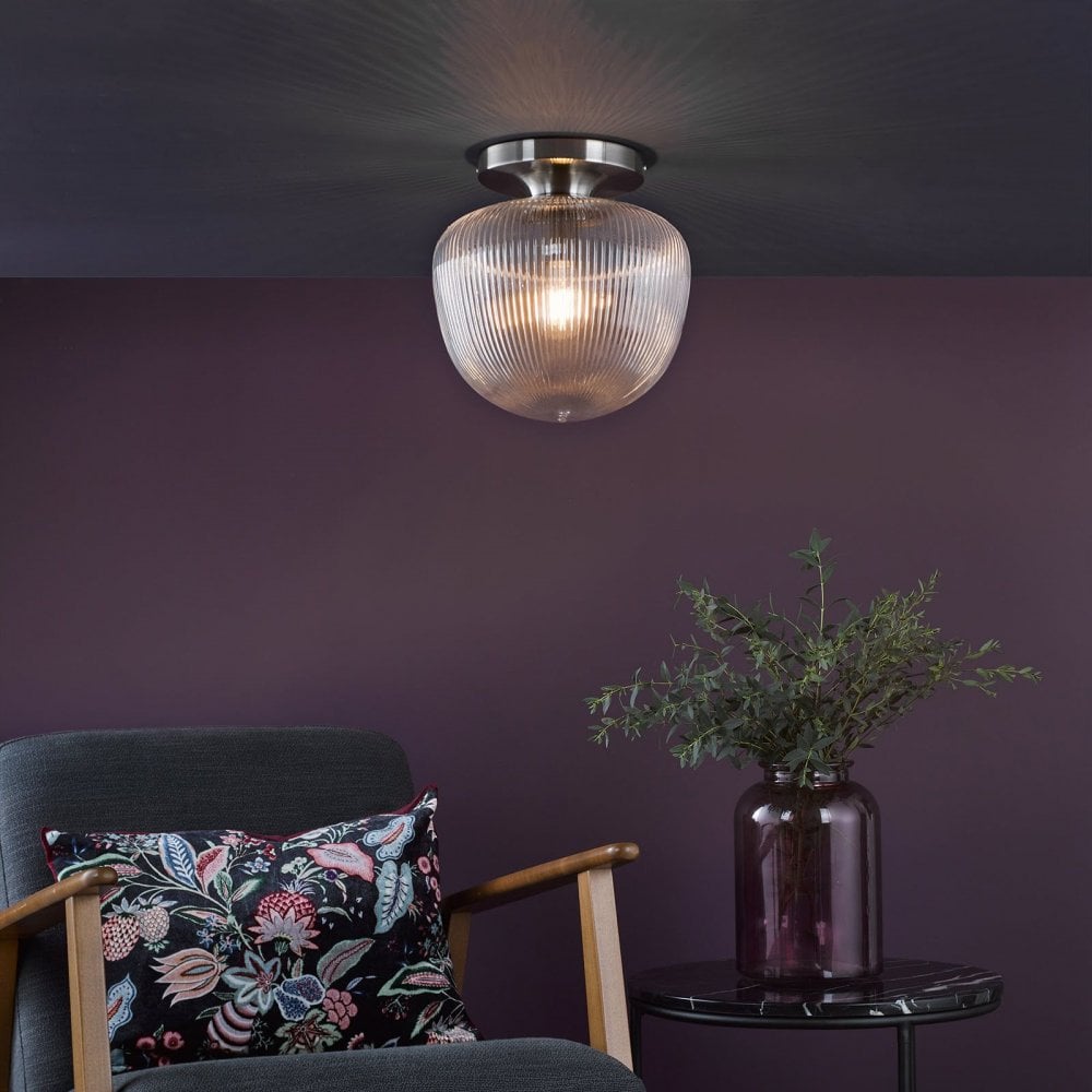 Abrielle Semi Flush Light in Polished Nickel C/W Clear Ribbed Glass