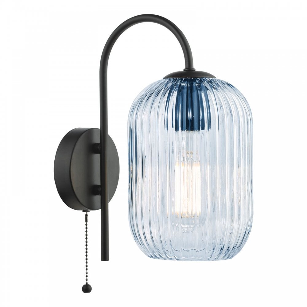 Idra Matt Black Wall Light C/W Blue Glass